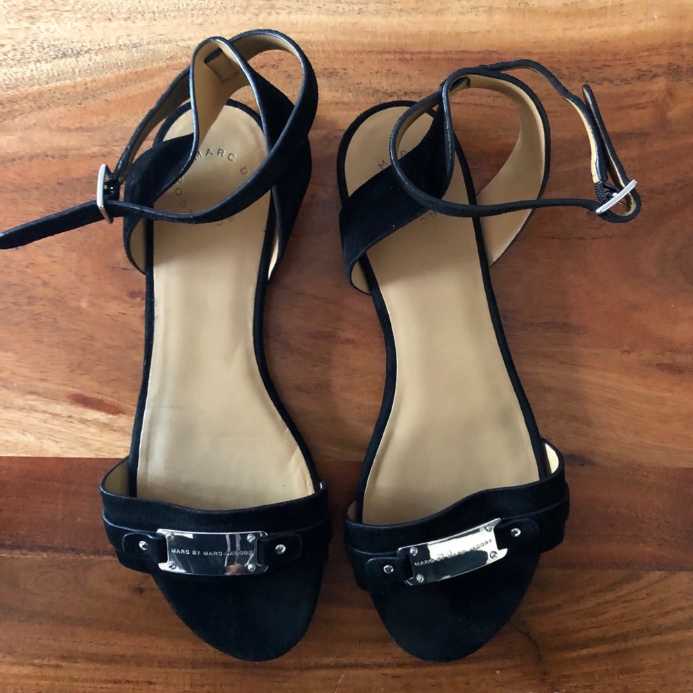 Marc Jacobs Black Silver Open Toe Flat Sandals